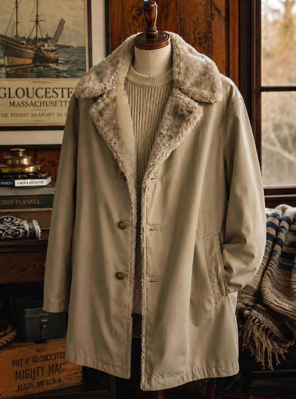 Vintage Mighty Mac Wool Sherpa Lined Overcoat Men's 44 Faux Fur Collar USA